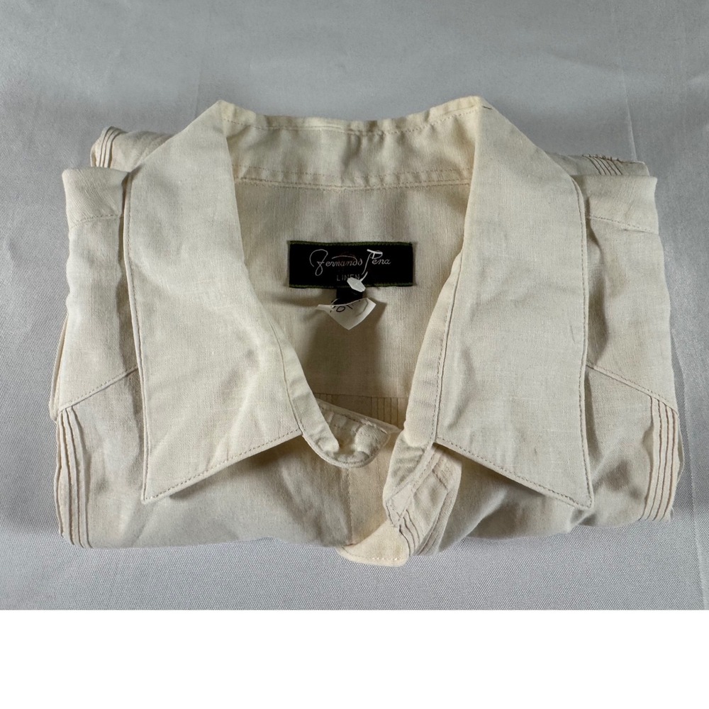 Fernando Pena Linen Guayabera Shirt Mens XL Cream Long Sleeve Pleated Button Up